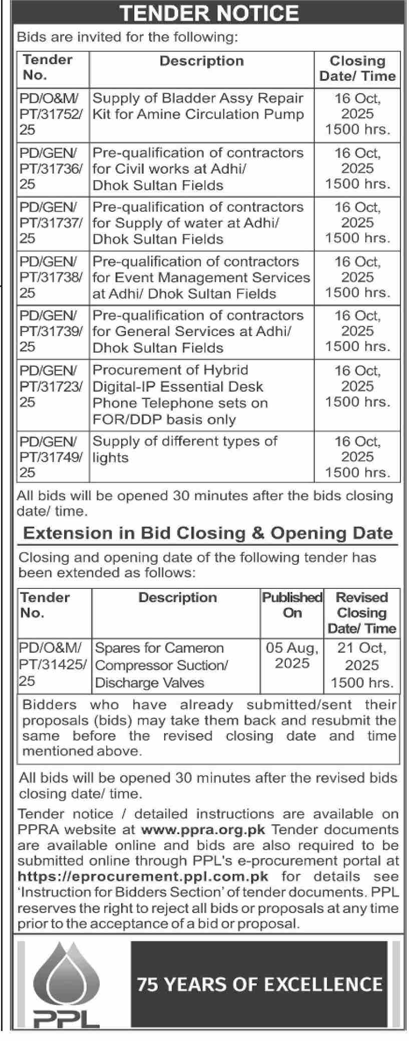 PPL Tender Notice